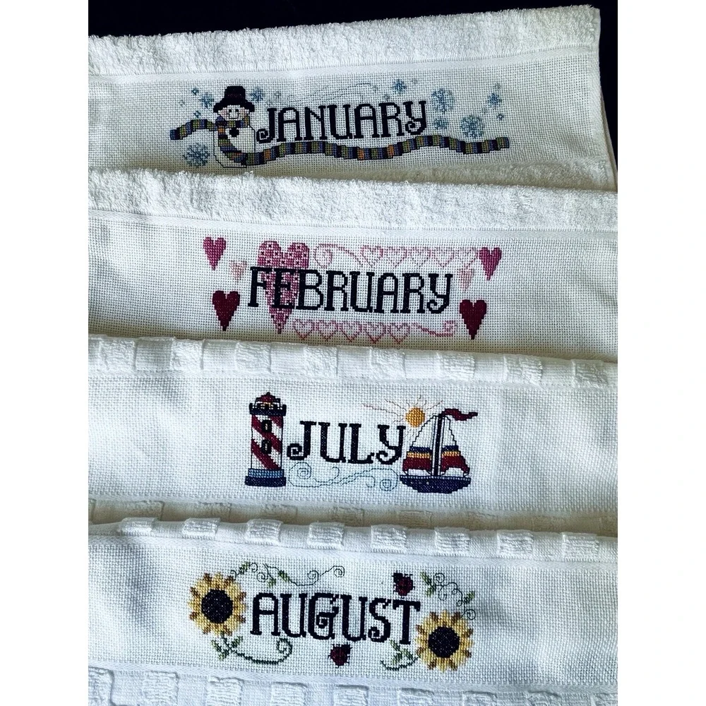 Vtg Cross Stitch Completed All 12 Months of the Year Dish Towels NEW